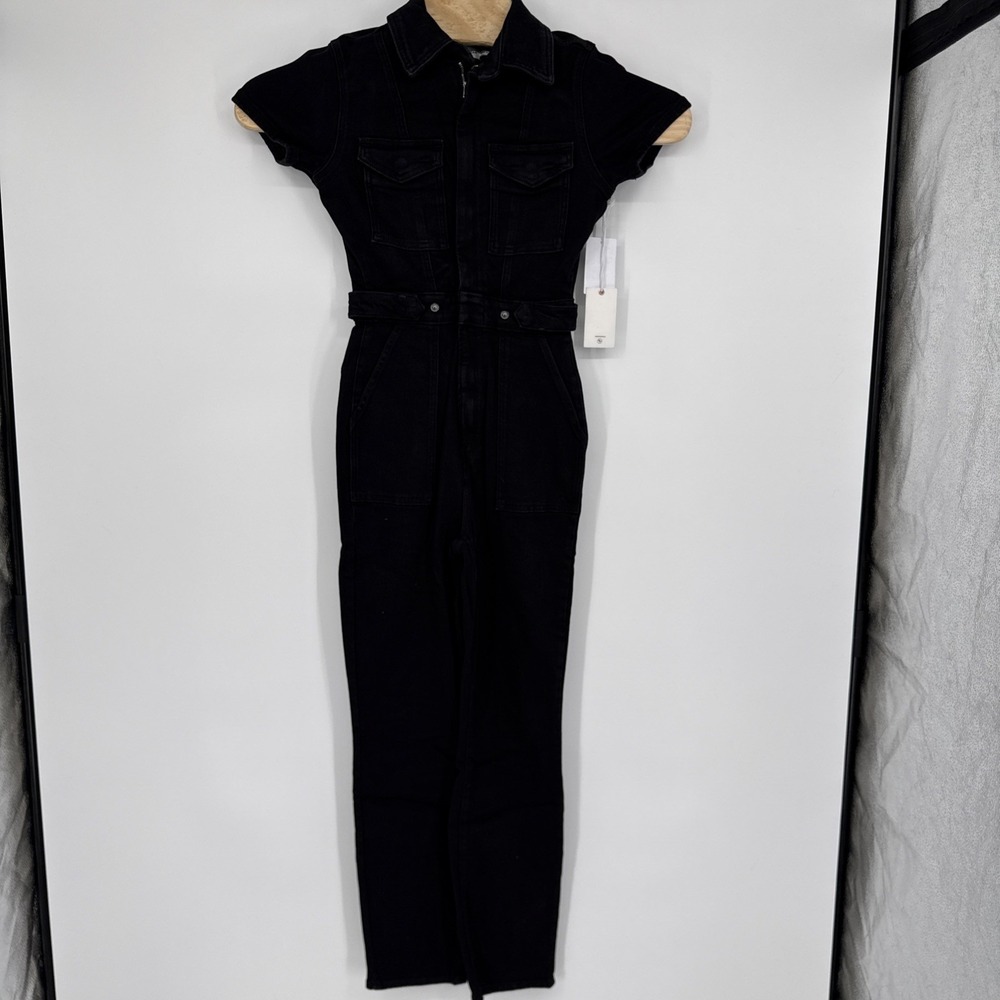 GOOD‎ AMERICAN NWT $199 Black Denim Jean Tie Adjustable Waist Belted Jumpsuit XS